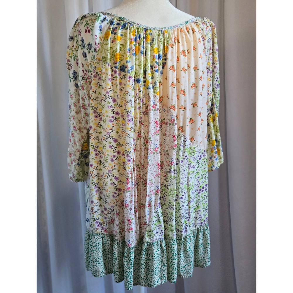 Fashion Fuse Bohemian Patchwork Mini Dress in Green Pink Mixed Print Ruffle Hem